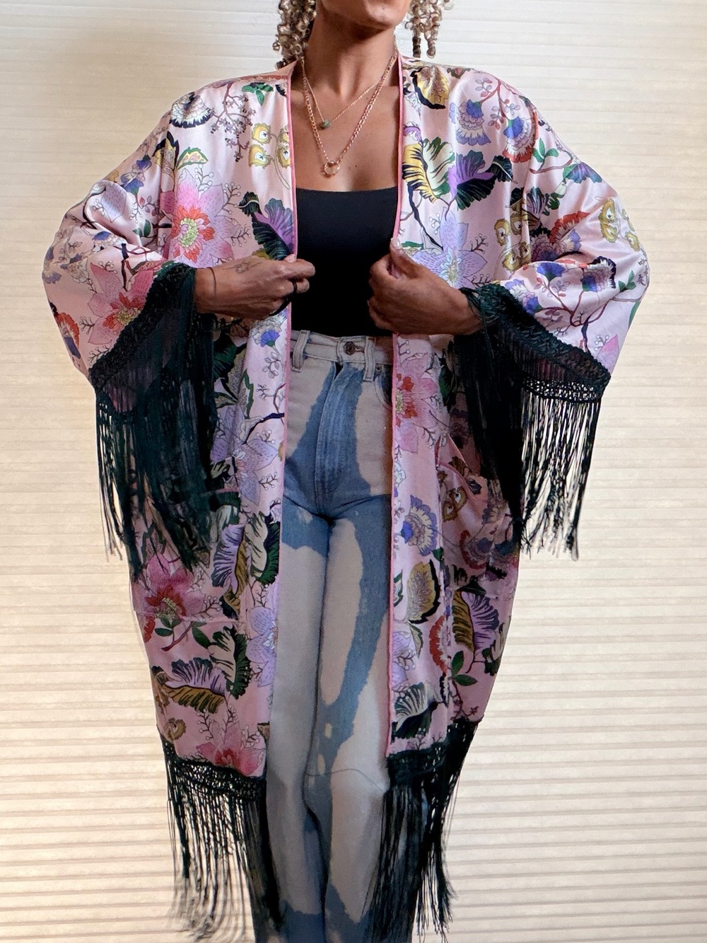 ELOQUII Floral Satin Fringe Kimono Duster Robe